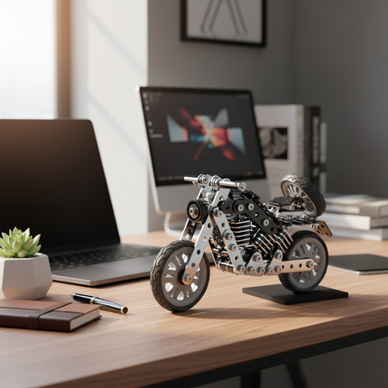 This Mechanical Motorcycle 3D Metal Puzzle Kit features a detailed design with interlocking metallic components. Showcased on a modern office desk, it blends mechanical engineering aesthetics with a realistic motorcycle form. Serving as a distinctive display piece, it adds a touch of mechanical artistry and hobbyist charm to your workspace, ideal for enthusiasts and those seeking a unique decorative element in their office.