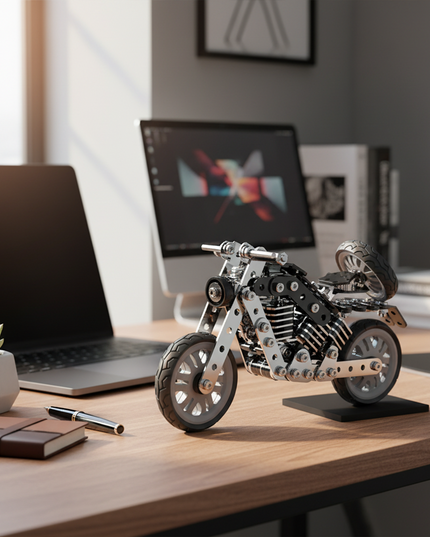 This Mechanical Motorcycle 3D Metal Puzzle Kit features a detailed design with interlocking metallic components. Showcased on a modern office desk, it blends mechanical engineering aesthetics with a realistic motorcycle form. Serving as a distinctive display piece, it adds a touch of mechanical artistry and hobbyist charm to your workspace, ideal for enthusiasts and those seeking a unique decorative element in their office.