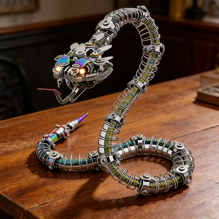 A coiled steampunk mech snake maquette en metal with glowing eyes and an iridescent head, intricately designed as a 3D metal model kit. It rests on a rich wooden surface, showcasing its flexible spine and detailed construction, making it a unique steampunk puzzle.