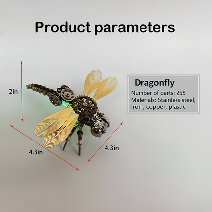 This Mechanical Dragonfly 3D puzzle Metal Kit has 255 parts, made of stainless steel, iron, copper, and plastic. It measures 4.3in×4.3in×2in, featuring a steampunk design with golden wings and mechanical gears. The assembly offers a challenging experience, and the finished product, with its intricate details, can be a unique focal point for your funny table, ideal for steampunk lovers and puzzle enthusiasts, adding a touch of mechanical art charm to your space.