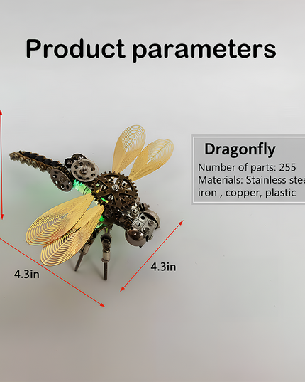This Mechanical Dragonfly 3D puzzle Metal Kit has 255 parts, made of stainless steel, iron, copper, and plastic. It measures 4.3in×4.3in×2in, featuring a steampunk design with golden wings and mechanical gears. The assembly offers a challenging experience, and the finished product, with its intricate details, can be a unique focal point for your funny table, ideal for steampunk lovers and puzzle enthusiasts, adding a touch of mechanical art charm to your space.