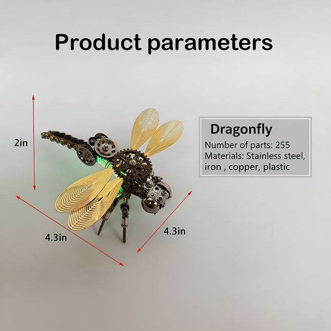 This Mechanical Dragonfly 3D puzzle Metal Kit has 255 parts, made of stainless steel, iron, copper, and plastic. It measures 4.3in×4.3in×2in, featuring a steampunk design with golden wings and mechanical gears. The assembly offers a challenging experience, and the finished product, with its intricate details, can be a unique focal point for your funny table, ideal for steampunk lovers and puzzle enthusiasts, adding a touch of mechanical art charm to your space.
