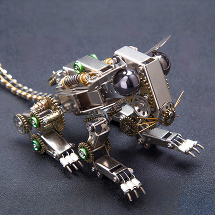 Side-front view of a `steam punk mech` mouse `metal model` with a dark background, showcasing its aggressive `mechanical steampunk` design and intricate `3D puzzle Metal Kits` details.