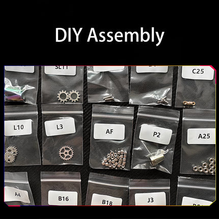  DIY Assembly kit components for a mechanical metal model, showing organized parts of a 3D puzzle for steampunk enthusiasts.