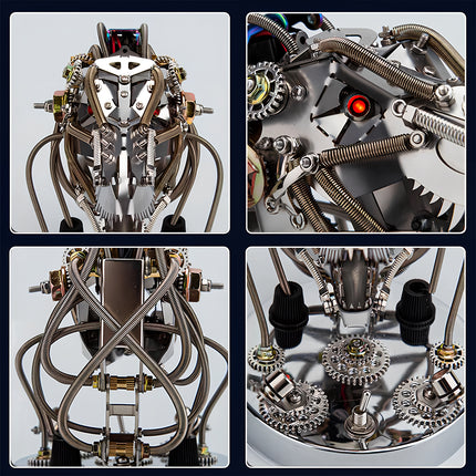 Funny table decor steampunk mechanical creature 3D puzzle metal kit - close-up details of DIY metal model with gears, flexible tubes and illuminated LED