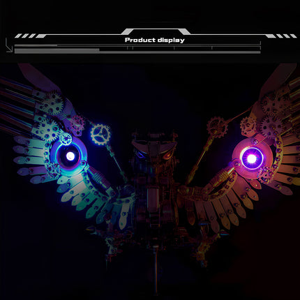  Product display of a stunning metal model kit bird with symmetrical glowing wings, an engaging metallic 3D puzzle / puzzle mécanique métal.