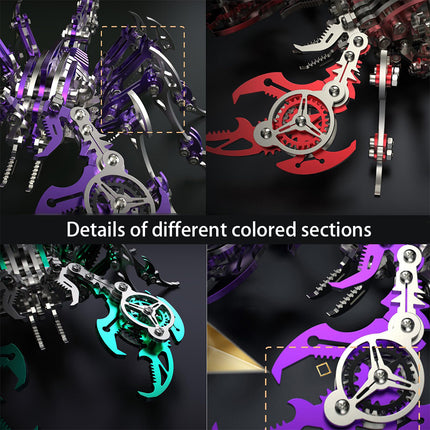 Collage comparison titled 'Details of different colored sections' showing red, green, and purple mechanical scorpion **metal model kits**, focusing on the gear pincers and legs of these **puzzle mécanique métal**