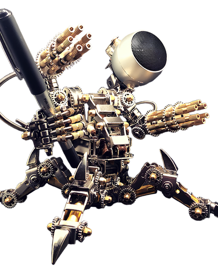 Discover the TableFunny metal assembly robot model — a handcrafted steampunk mechanical sculpture with gears, golden arms, and a pen holder design, perfect for creative desk decor