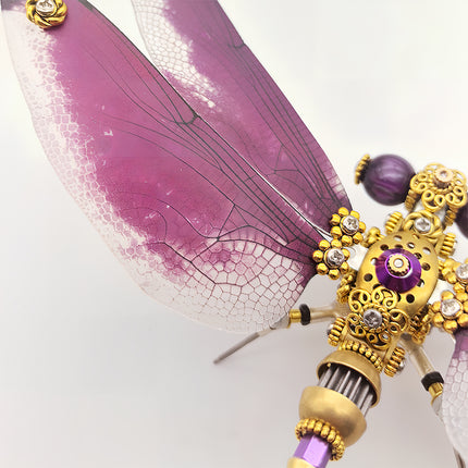 Funny Table Statement Piece - Hand-assembled DIY Metal Model (3D Puzzle Metal Kits): Dazzling Steampunk Dragonfly with Translucent Purple Gradient Wings, Polished Brass Gears & Sparkling Rhinestone Details