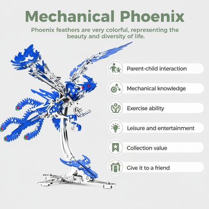 "Mechanical Phoenix" metal model kit, a vibrant blue metallic 3D puzzle, highlighting its educational and recreational benefits like "Parent-child interaction" and "Mechanical knowledge.
