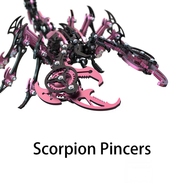 Scorpion Pincers Detail of Pink & Black 3D Puzzle Metal Kits - Close-up of movable, gear-integrated pincers from this DIY metal model. These precision components (part of the 3D puzzle kit) feature polished pink metal and black mechanical details, ensuring the assembled scorpion becomes a dynamic decor piece for any funny table.