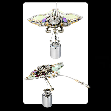 Multi-angle view of a unique metallic 3D puzzle flying ray, a detailed metal model kit / puzzle mécanique métal with iridescent wings and complex mechanical design.