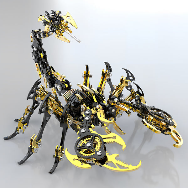 A magnificent golden and black mechanical scorpion, a completed metal model kit, poised and ready for display. This metallic 3D puzzle is an engineering marvel.
