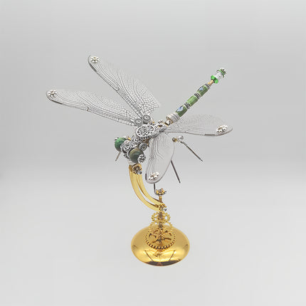 This is a finished Tablefunny steampunk 3D metal puzzle, continuing the dragonfly design: made with silver/gold metal, its wings mimic the dragonfly’s fine texture, the head has emerald-style accents, and body/gold base include steampunk gears/mechanical parts (plus a curved metal stand). It keeps the dragonfly’s agile look while boosting retro-futuristic charm via industrial details. A fun-to-assemble, decorative craft—ideal as a desktop ornament or creative gift.