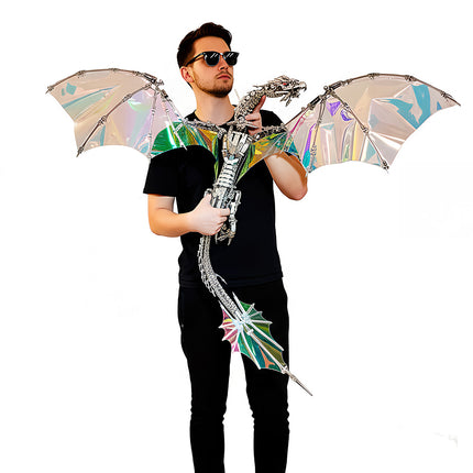 DIY 3D puzzle Metal Kits - Stunning life-size "Bloodthirsty Aurora Dragon" metal model: Iridescent, shimmery holographic wings that cascade with prismatic rainbows in light, intricately segmented polished metal skeleton with crisp, interlocking joints, razor-sharp sculpted claws, & a menacingly detailed dragon head—assembled from ultra-precise 3D puzzle metal parts, this jaw-dropping DIY metal model makes a showstopping handheld display piece