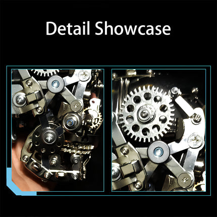 Detail showcase of DIY 3D puzzle metal model: Close-ups of gears & mechanical joints (handheld view), highlighting precision of high-difficulty metal kit
