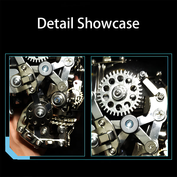Detail showcase of DIY 3D puzzle metal model: Close-ups of gears & mechanical joints (handheld view), highlighting precision of high-difficulty metal kit