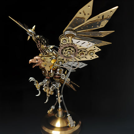 Intricately designed mechanical eagle metal model with spread golden wings, a detailed 3D puzzle for mechanical steampunk enthusiasts and collectors.