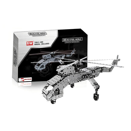 A "Micro Steel World" 3D puzzle metal kit of a helicopter, displayed with its packaging. This metal model is a perfect steampunk puzzle for those who enjoy mechanical steampunk challenges.