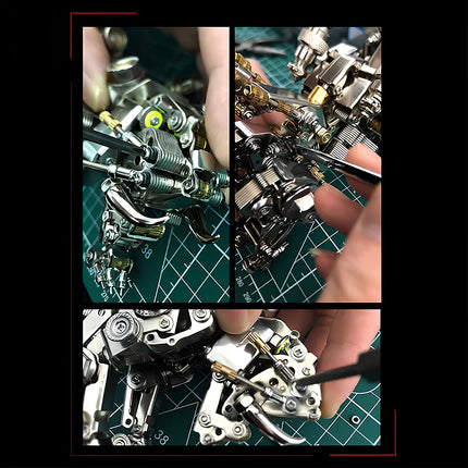  Multiple close-up shots showing hands assembling a detailed metal model or steam punk mech on a cutting mat, illustrating the intricate process of building a mechanical steampunk 3D puzzle.
