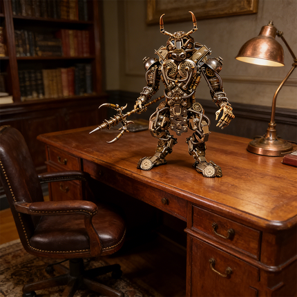 Formidable mechanical steampunk Bull Demon King (牛魔王) 3D puzzle metal kit, armed with a trident and featuring brass, copper, and gear details, standing on a rich wooden desk in a classic study. This impressive steam punk mech is a challenging steampunk puzzle, serving as a sophisticated metal model and a commanding piece of mechanical steampunk art, perfect for collectors of intricate metal kits and vintage decor, embodying the powerful imagery of the Bull Demon King.