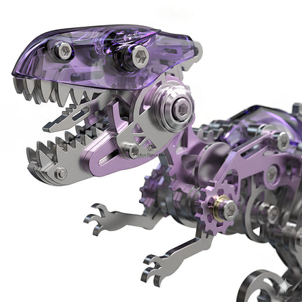 Close-up of a purple mechanical steampunk dinosaur's head and front claws, highlighting the sharp teeth and detailed gears of this metal model. A challenging 3D puzzle metal kit.