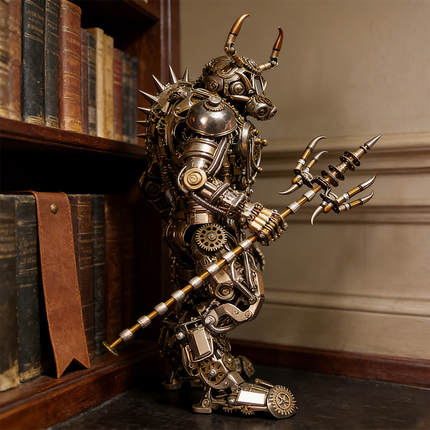 Magnificent mechanical steampunk Bull Demon King  3D puzzle metal kit, armed with a trident, featuring detailed brass and copper components and gears, standing beside an antique bookshelf. This formidable steam punk mech is a challenging steampunk puzzle, functioning as a sophisticated metal model and a grand piece of mechanical steampunk art, perfect for collectors of intricate metal kits and classic, mythological-inspired decor, embodying the legendary power of the Bull Demon King.