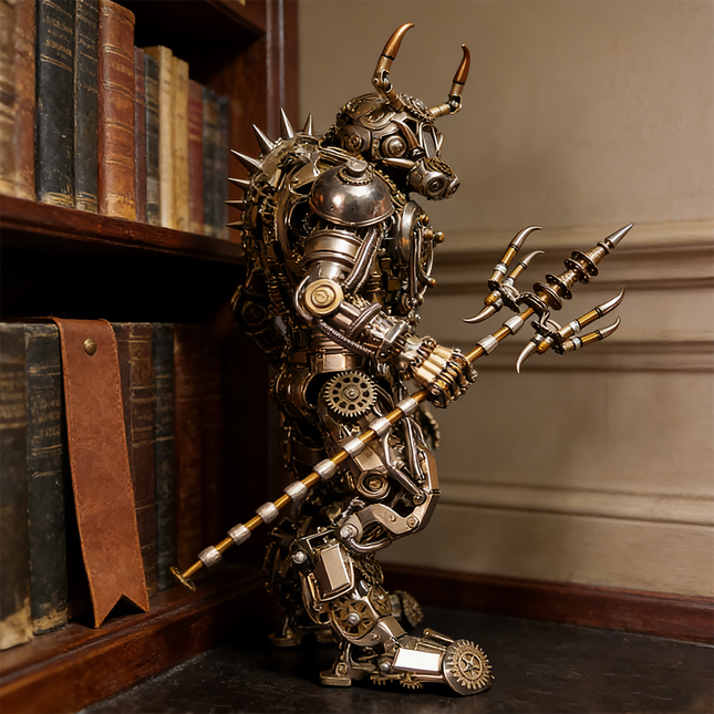 Magnificent mechanical steampunk Bull Demon King  3D puzzle metal kit, armed with a trident, featuring detailed brass and copper components and gears, standing beside an antique bookshelf. This formidable steam punk mech is a challenging steampunk puzzle, functioning as a sophisticated metal model and a grand piece of mechanical steampunk art, perfect for collectors of intricate metal kits and classic, mythological-inspired decor, embodying the legendary power of the Bull Demon King.