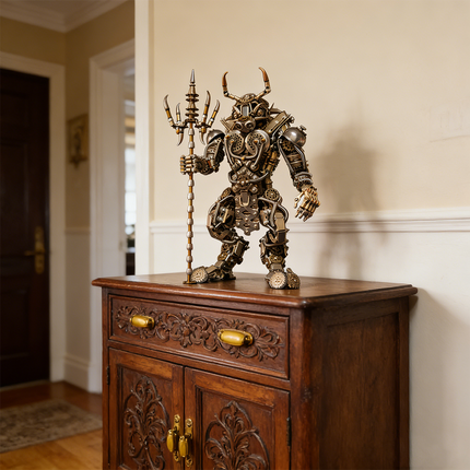 Impressive mechanical steampunk Bull Demon King  3D puzzle metal kit, armed with a trident, featuring detailed brass and copper construction, standing on a carved wooden cabinet in a hallway. This formidable steam punk mech is a challenging steampunk puzzle, serving as a unique metal model and a commanding piece of mechanical steampunk art, perfect for collectors of intricate metal kits and traditional interior design, capturing the essence of the legendary Bull Demon King.