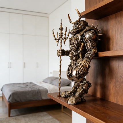 Powerful mechanical steampunk Bull Demon King 3D puzzle metal kit, armed with a trident and featuring intricate brass and copper gears, displayed on a wooden shelf in a modern bedroom. This impressive steam punk mech is a challenging steampunk puzzle, serving as a unique metal model and a bold statement of mechanical steampunk art, perfect for collectors seeking distinctive metal kits for contemporary spaces, embodying the legendary Bull Demon King.