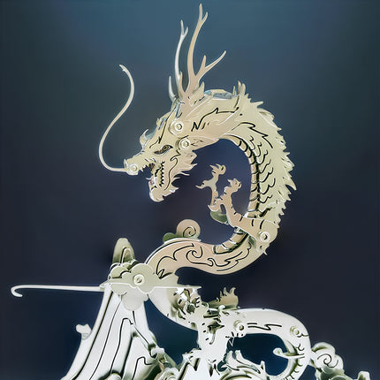 Silver steampunk dragon metal model 3D puzzle, intricately designed with a coiled body and base resembling mountains, an elegant mechanical steampunk collectible and challenging metal puzzle.