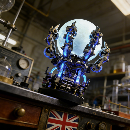 Mystical mechanical steampunk Dragon Claw Lamp (龙爪灯) 3D puzzle metal kit with glowing blue tubes and a luminous sphere, displayed in a vintage laboratory setting. This intricate metal model is a unique steampunk puzzle, featuring exposed gears and dynamic lighting, perfect for collectors of mechanical steampunk inventions and futuristic metal kits with a scientific aesthetic, designed as a Dragon's Claw.