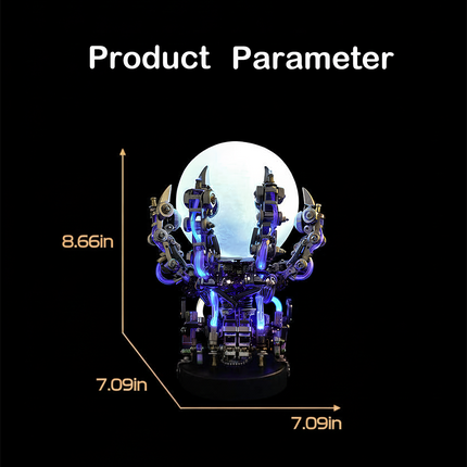 Product parameter image showing the dimensions (8.66in, 7.09in, 7.09in) of the glowing mechanical orb holder. This metal model from our 3D puzzle metal kits is a great DIY project, designed to be a unique and funny table decoration.