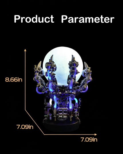 Product parameter image showing the dimensions (8.66in, 7.09in, 7.09in) of the glowing mechanical orb holder. This metal model from our 3D puzzle metal kits is a great DIY project, designed to be a unique and funny table decoration.