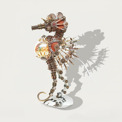 DIY 3D puzzle Metal Kits - Steampunk "Seahorse" mecha model: Rich brass-toned gear clusters (intricately interlocked), a glowing iridescent crystal orb (shimmering with internal light effects), sharply detailed metallic spines, & flexibly articulated segmented limbs—this masterfully assembled 3D puzzle metal kit blends vintage industrial aesthetics with whimsical mythical design, making it a captivating decorative showpiece.
中文翻译：DIY 3D 拼图金属套件 - 蒸汽朋克风格 “海马” 机甲模型：质感浓郁的黄铜色调齿轮组（精密咬合）、内部光影流转的虹彩发光晶球、细节锐利的金属棘刺，以及