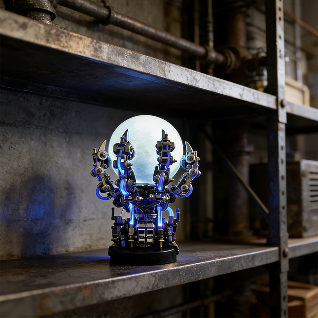 Captivating mechanical steampunk Dragon Claw Lamp (龙爪灯) 3D puzzle metal kit with an illuminated sphere and vibrant blue accents, displayed on a rustic industrial shelf. This intricate metal model is a unique steampunk puzzle, featuring detailed mechanical components and striking lighting, perfect for collectors of mechanical steampunk art and robust metal kits, embodying the form of a Dragon's Claw.
