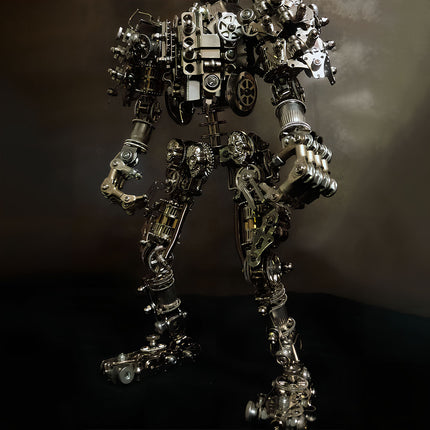  Full body view of a mechanical steampunk metal model, showcasing intricate gears and metallic structures. An impressive 3D puzzle metal kit for collectors of unique steampunk mech designs.