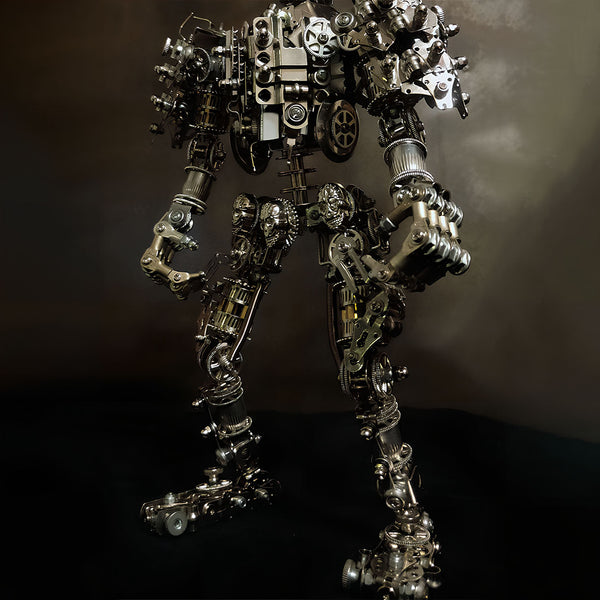  Full body view of a mechanical steampunk metal model, showcasing intricate gears and metallic structures. An impressive 3D puzzle metal kit for collectors of unique steampunk mech designs.