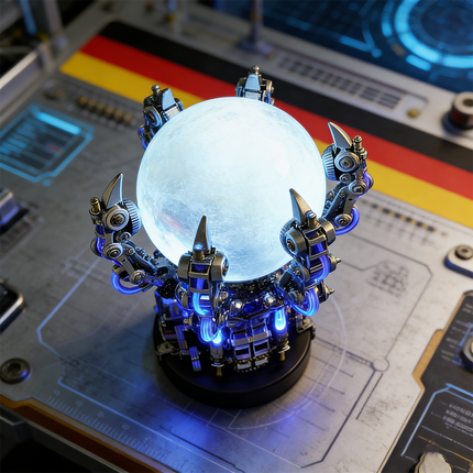 Close-up of a radiant mechanical steampunk Dragon Claw Lamp (龙爪灯) 3D puzzle metal kit with a bright illuminated sphere and blue glowing details, set on a high-tech metal surface. This intricate metal model is a unique steampunk puzzle, showcasing precise engineering and dynamic lighting, ideal for collectors of mechanical steampunk gadgets and modern metal kits, featuring a compelling Dragon's Claw design.