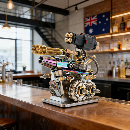 Custom mechanical steampunk weapon turret 3D puzzle metal kit with iridescent accents and golden Gatling barrels, displayed on a polished wooden bar. This striking steam punk mech is a unique steampunk puzzle, offering a complex build for advanced modelers, and serves as a distinctive metal model for any collection, embodying the essence of mechanical steampunk.