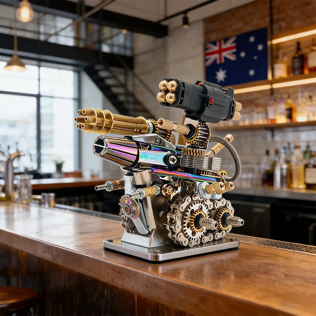 Custom mechanical steampunk weapon turret 3D puzzle metal kit with iridescent accents and golden Gatling barrels, displayed on a polished wooden bar. This striking steam punk mech is a unique steampunk puzzle, offering a complex build for advanced modelers, and serves as a distinctive metal model for any collection, embodying the essence of mechanical steampunk.