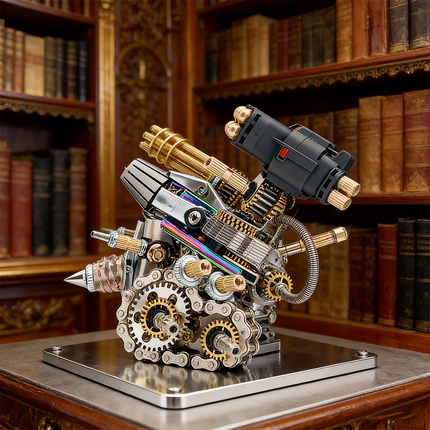 Elaborate mechanical steampunk weapon turret 3D puzzle metal kit, showcasing intricate gear and chain drive mechanisms, set against a backdrop of antique books. This impressive steam punk mech is a challenging steampunk puzzle, perfect as a sophisticated metal model for collectors and enthusiasts of mechanical steampunk artistry and intricate designs.