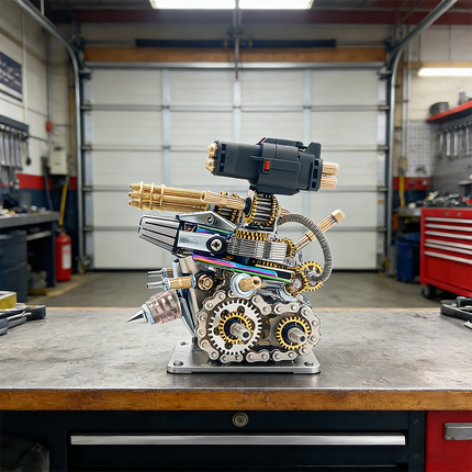 Robust mechanical steampunk weapon turret 3D puzzle metal kit, featuring Gatling gun barrels and intricate gear-and-chain mechanisms. This detailed steam punk mech is a challenging steampunk puzzle, perfect for enthusiasts of unique metal models and mechanical steampunk designs with an industrial aesthetic.
