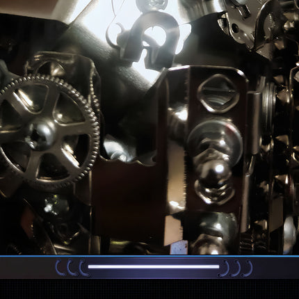  Close-up of intricate metal gears and components, showcasing the detailed mechanical steampunk elements of a metal model. Essential parts for a complex 3D puzzle metal kit.