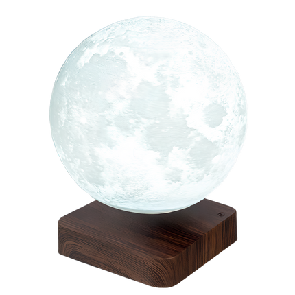 Levitating moon lamp with a wood base, creating a serene and enchanting atmosphere