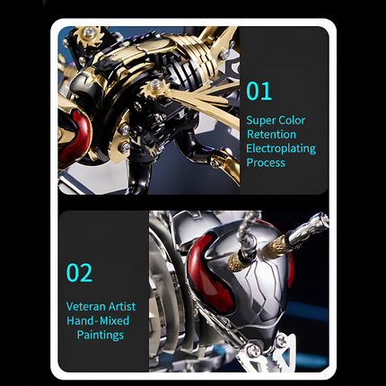01 Super Color Retention Electroplating Process: The components adopt an electroplating process with excellent color retention, ensuring the golden and black metallic parts maintain long-lasting luster and texture, enhancing the overall visual premium 感.
02 Veteran Artist Hand-Mixed Paintings: Key details (such as the red sections of the head) are finished with hand-mixed paints by veteran artists, achieving lifelike, delicate color transitions and making the model more vivid and artistic.
