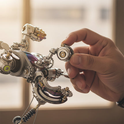 A close-up of hands assembling a complex steampunk mech longevity turtle maquette en metal, showcasing the intricate details of this 3D metal model kit. This engaging steampunk puzzle offers a rewarding building experience for hobbyists.