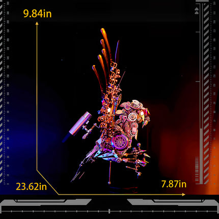 Dimensions of an impressive metallic 3D puzzle bird, a substantial metal model kit measuring 23.62 inches tall, ideal for collectors.