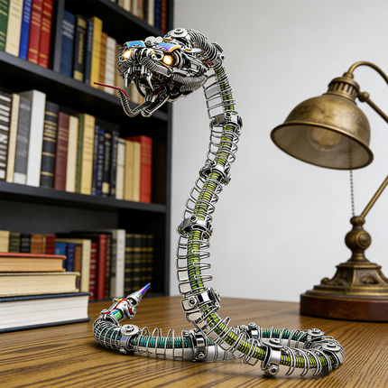 An upright steampunk mech snake maquette en metal with illuminated eyes and an iridescent head, intricately designed as a 3D metal model kit. It is displayed on a wooden desk next to a vintage lamp and a bookshelf, presenting a captivating steampunk puzzle.