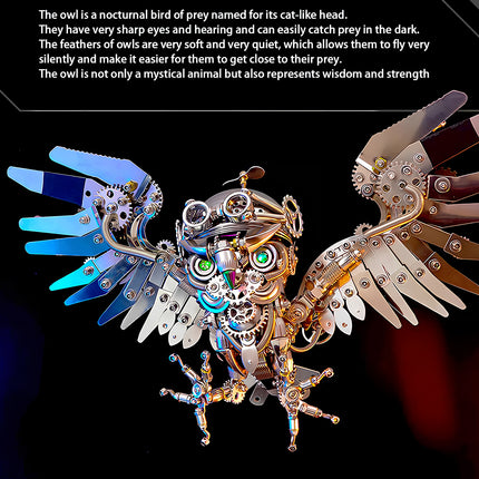  Metal model kit owl, a symbol of wisdom and strength, featuring a majestic metallic 3D puzzle design with intricate mechanical metal wings.